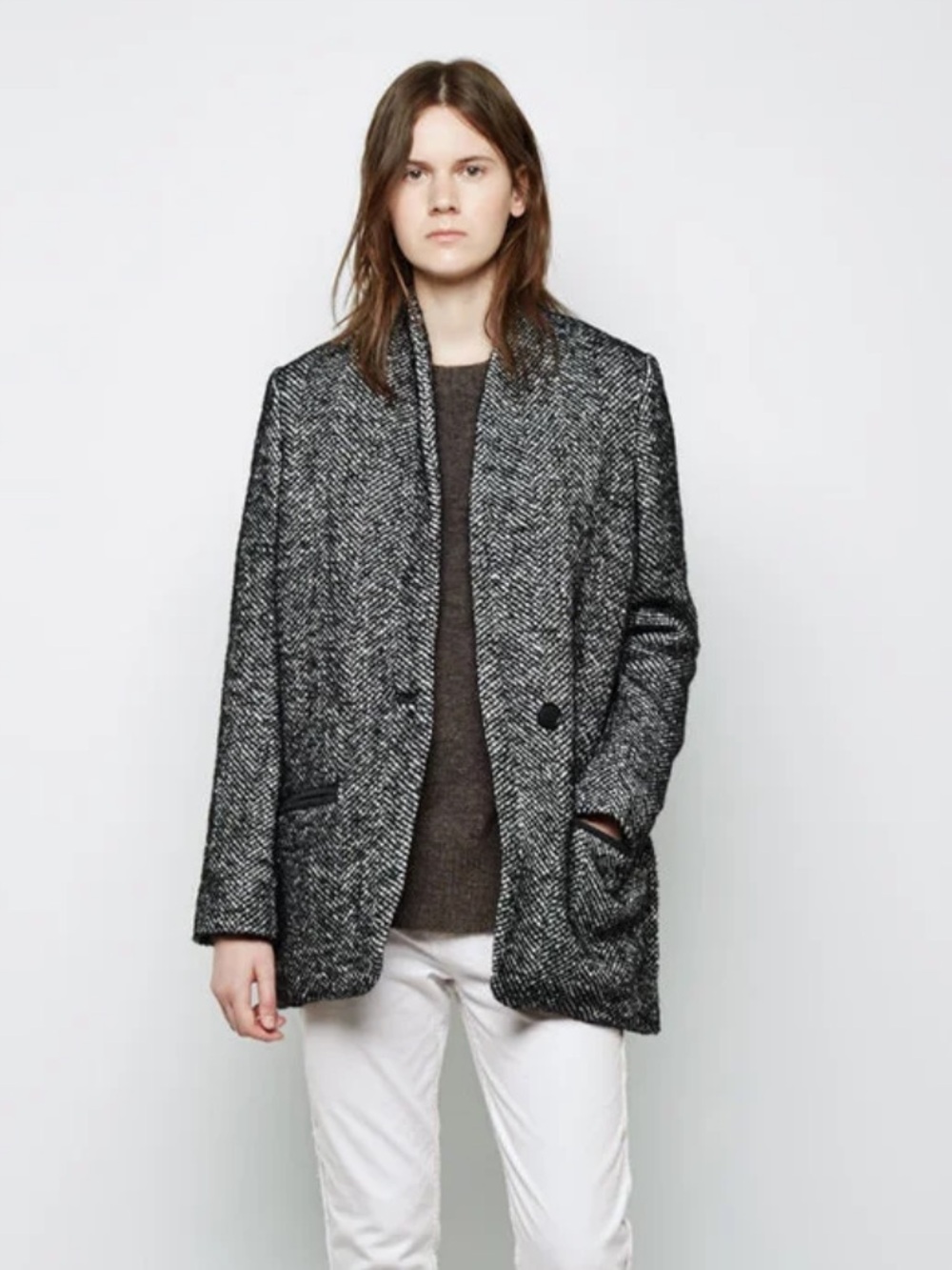 H&M Wool Blend Herringbone Jacket Funnel Neck